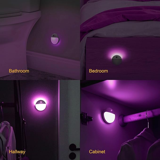 2 Pack Purple Battery Night Light, Motion Activated Night Light, 2.6" Small Sticky Lights, 3 Light Modes, Dimmable Calming Glow for Meditation, Relaxation, Bathroom, Bedroom, Travel, Violet