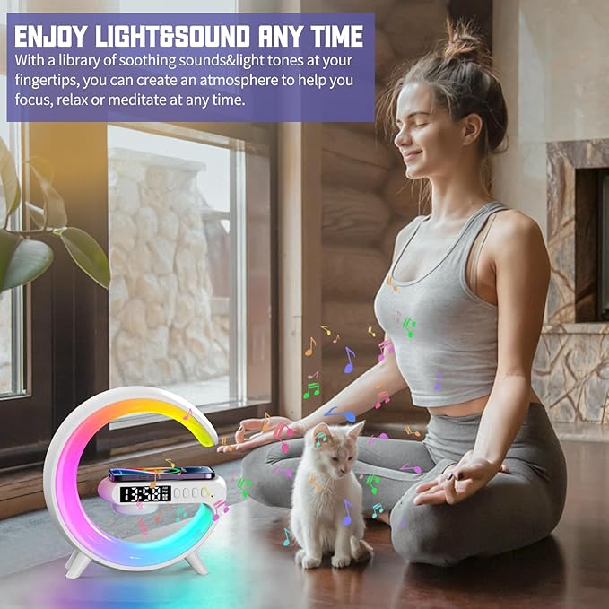 Smart LED Table Lamp, 4-in-1 Wireless Charger Smart Atmosphere Lamp, Night Light, Bluetooth Speaker & Alarm Clock for Bedroom, Office, and Home Decor (Black)