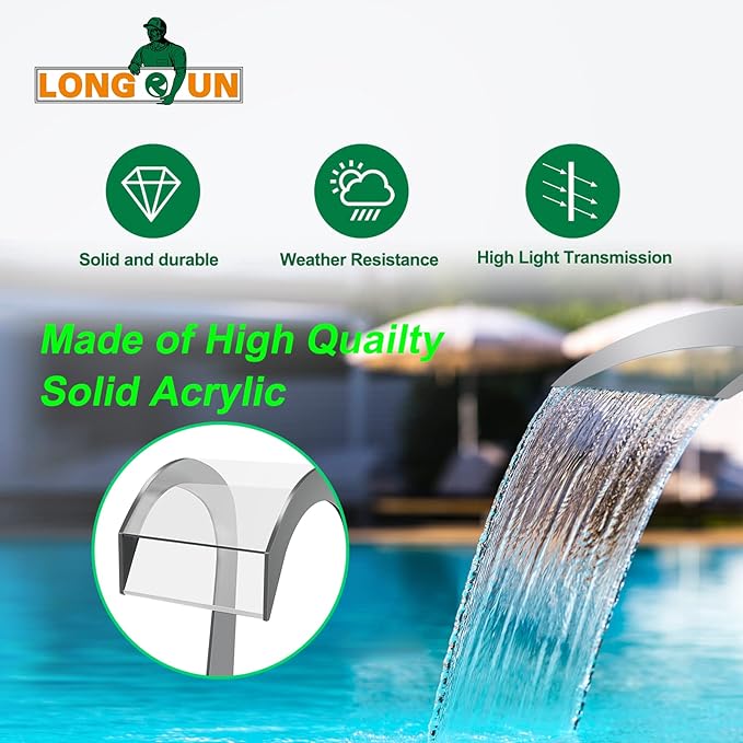 LONGRUN Waterfall Spillway Acrylic S-Shaped Pool Fountain with Color Changing LED Light, Pond Waterfalls Outdoor Water Spillway Fountains Kit for Garden Patio Swimming Pool Decoration-12.6" Height