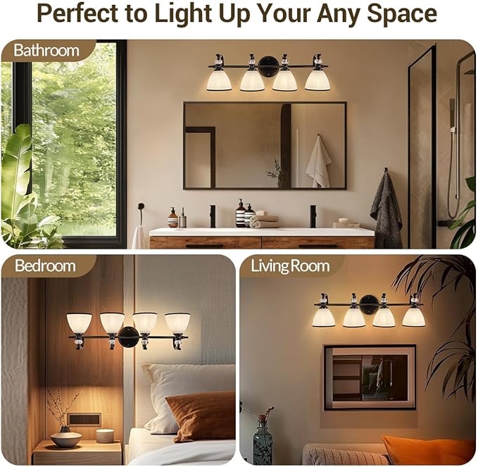 ANDY STAR Modern Bathroom Light Fixtures, 4-Light Vanity Lights, 28 inch Farmhouse Wall Sconces, Black Wall Lamp with Milky Glass, Well-Made Bathroom Lighting Fixtures Over Mirror for Living Room