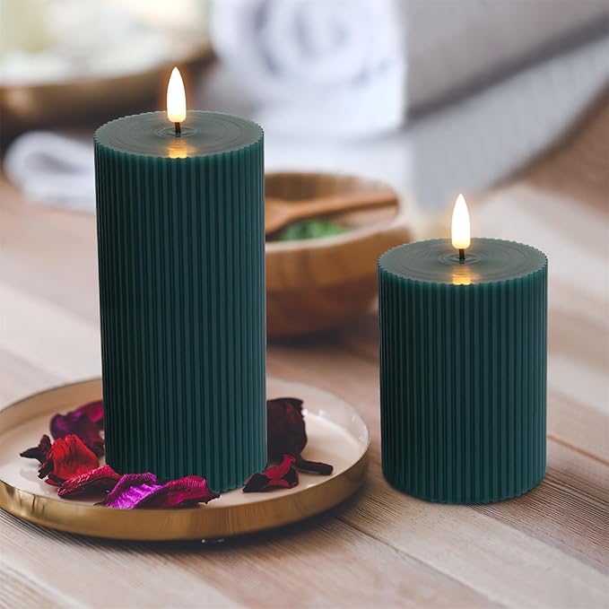 Green Ribbed Flameless Pillar Candles with Remote, 2 Pack Flickering Battery Operated LED Wax Candles Φ 3" H 4" 6"