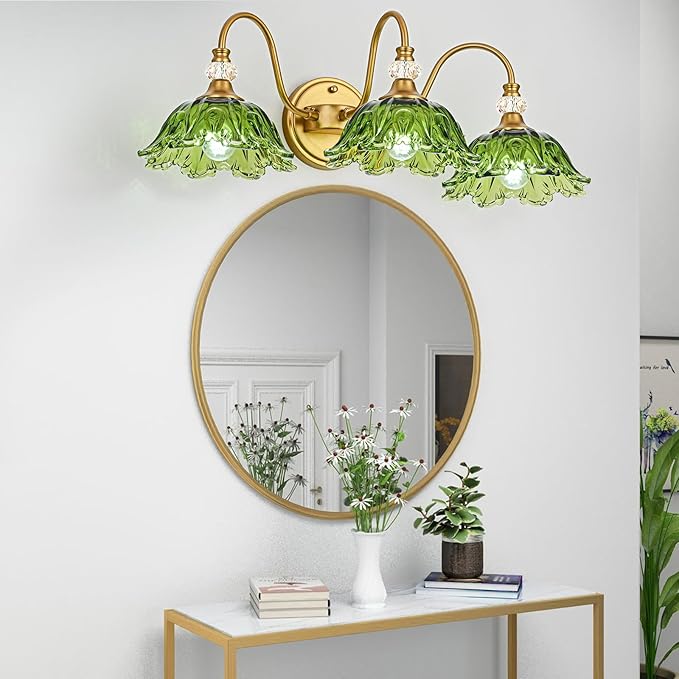 Vintage Bathroom Vanity Light, 3-Light Matte Brass Finish Vanity Light with Floral Green Glass Shades, Retro Wall Sconce for Bathroom, Dressing Table