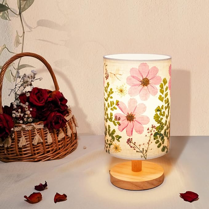 Dried Flowers Small Table Lamp 5W LED 3-Color Bedside Lamp Pressed Flowers Lampshade with Wood Base for Bedroom Living Room Desk Nursery