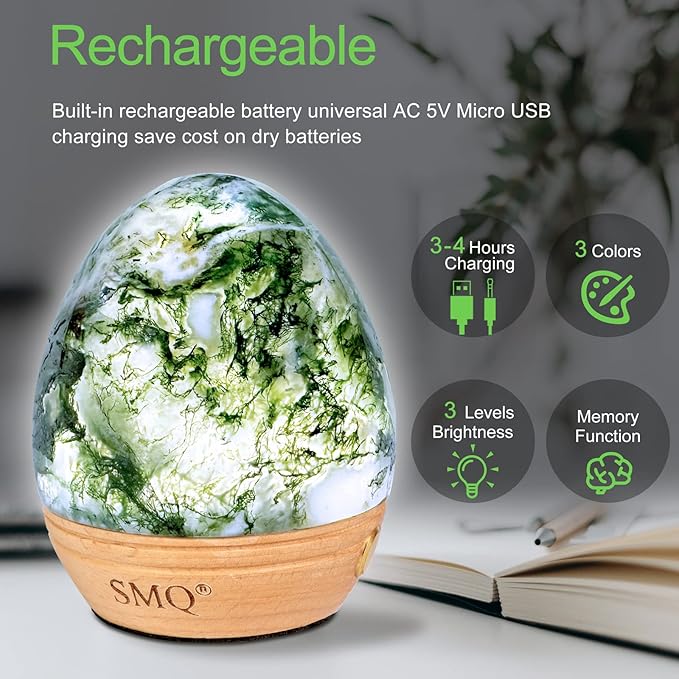 SMQ Moss Agate Crystal Night Light with Rechargeable 2 Colors Touch Control Table Lamp with Wooden Base for Kids Adult Living Room Bedroom(Egg-Shape)