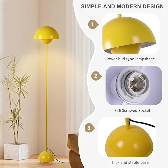 Modern Floor Lamp for Bedroom-Tall Floor Lamps for Living Room-Corner LED Boho Floor Lamp for Office Vintage Industrial Flower Floor Lamps Standing Unique Mid Century Lamp (Yellow)