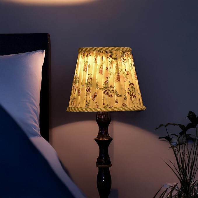 Ridhi Block Print Jasmine Yellow Lamp Shade 4" Top x 5" Bottom x 6" Slant Set of 2 Handmade Pleated Cotton Lampshade, Fits E26/E27 Base Table Lamps Boho Vintage Decorative For Bedroom, Living Room