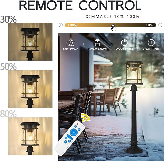 Emliviar Outdoor 28“ Solar Powered Floor Lamp for Patios, Portable Cordless Solar Pathway Light Outside with Water Ripple Glass, Black LED Post Lantern 2700K for Yard, Balcony, XE229PL-S SL BK
