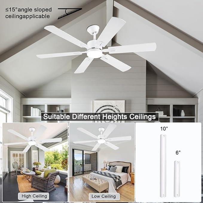 56inch Modern White Ceiling Fans with Lights and Remote/App Control, Dimmable LED, Reversible DC Motor, Noiseless, 6 Double-Side Blade Low Profile Ceiling Fan for Livingroom Indoor/Outdoor Use