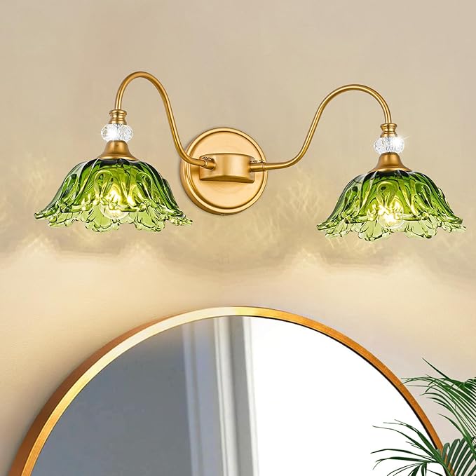Vintage Bathroom Vanity Light, 2-Light Matte Brass Finish Vanity Light with Floral Green Glass Shades, Retro Wall Sconce for Bathroom, Dressing Table