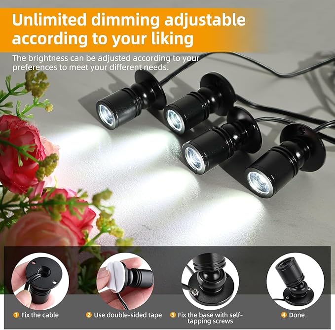 YaeCCC Dimmable Mini LED Spotlight, 6-Pack Daylight 6400K, USB Powered Accent Lighting for Plants, Jewelry Showcase, Model Display Shelves
