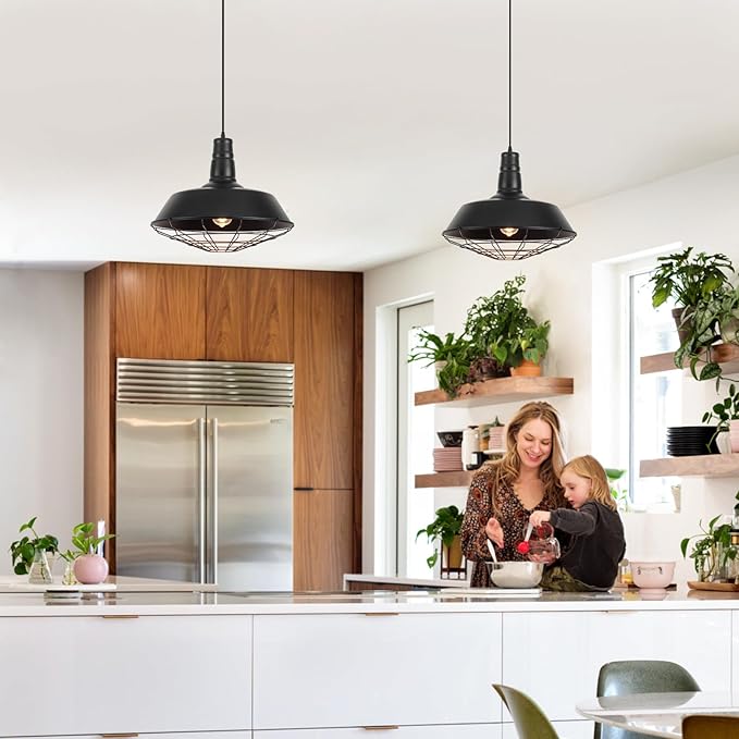 Black Farmhouse Pendant Light, 18.1 Inch Large Pendant Lights Kitchen Island, Industrial Pendant Light with Wire Cage, Barn Light 2 Pack, Island Pendant Lights for Kitchen Barn Dining Room