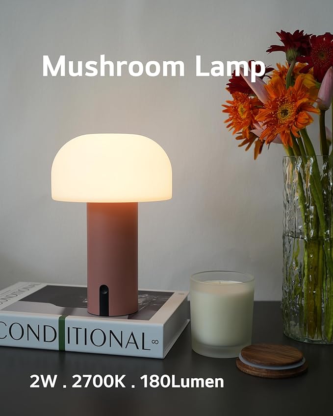 Outdoor Mushroom Table Lamp Rechargeable, Cordless Lamps for Patio Waterproof, Portable Battery Operated Lamp with USB Charging, Touch Dimming Night Light for Home/Porch/Restaurant (Pink)