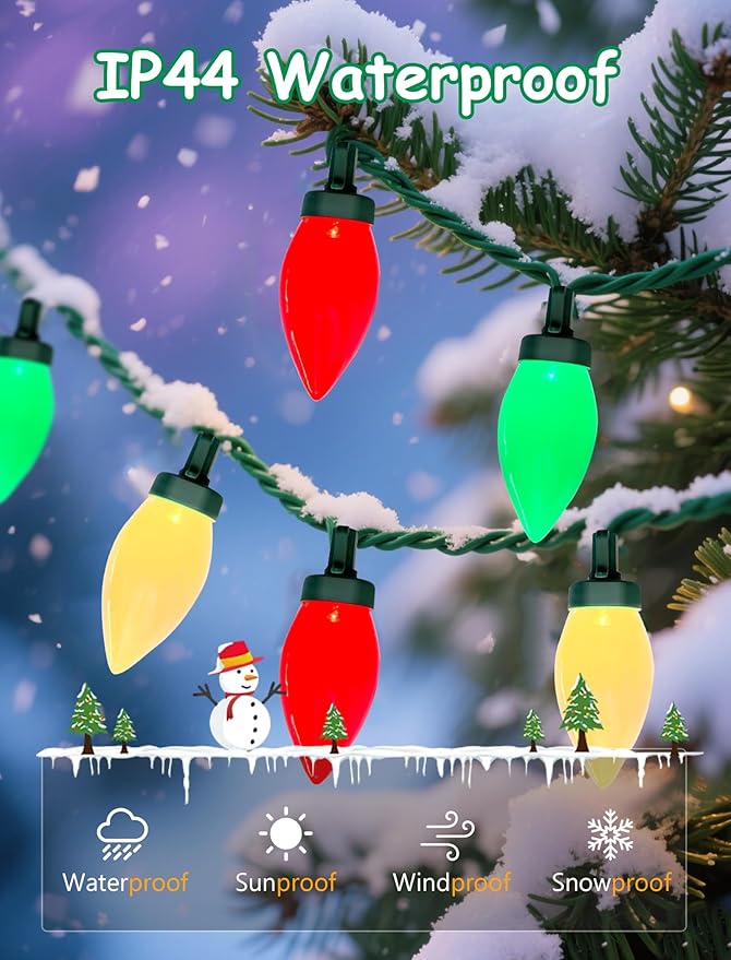 26FT C9 Red Green and White Christmas String Lights, Outdoor Christmas Decorations Lights with 50 C9 LED Bulbs, Plug in Vintage Christmas Lights Waterproof for Tree Patio Roofline Party Garden Decor