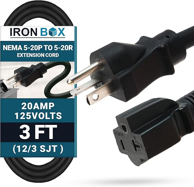 IronBox Electric NEMA 5-20P to 5-20R Extension Cord - 20A, 125V, 12/3 SJT Jacket - Heavy Duty Outdoor Generator Cords & Plugs - UL Listed Extension Cable for Data Centers, Camper & More (3ft, Molded)