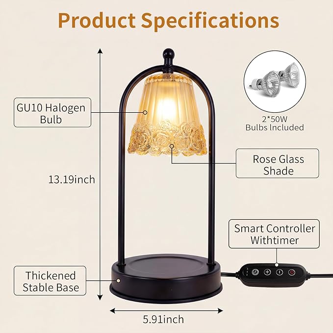 Vintage Rose Candle Warmer Lamp with Timer & Dimmer - Portable Iron Base, Amber Glass Shade, 2 Bulbs Included - Electric Wax Melter for Home Decor