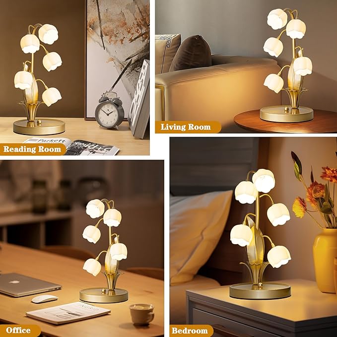 Flower Table Lamp, Lily of The Valley Lamp for Bedside Accent 3 Color Modes Cottagecore Soft Reading Night Light for Bedroom, Corner, Dorm, Entrance Home Vintage Decor (Gold)
