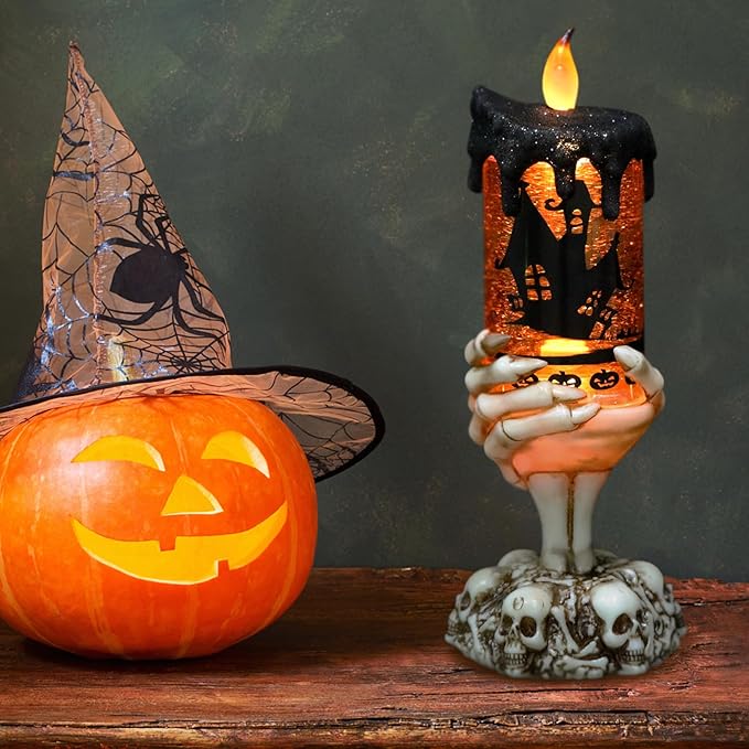 DRomance Halloween Snow Globe Flameless Candle with Timer, Battery Operated Tornado Lamp Skeleton Hand Candle Holder Yellow Light Glittering Spinning Water Halloween Table Decor(Bats, 4" x 10")