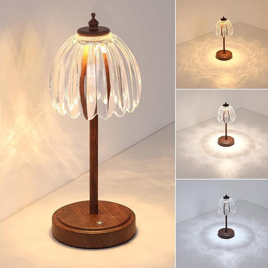 Tulip Table Lamp with 5200mAh Battery & Touch Control, Small Cordless Table Lamp with 3 Colors, Rechargeable Battery Operated Table Lamps for Bedroom, Desk, Bedside (Transparent-Walnut Color)