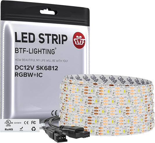 BTF-LIGHTING SK6812(Similar WS2812B) UL Listed RGBW RGB+Cool White(6000K) Individually Addressable DC12V 16.4FT 60LED/m 4 Colors in 1 Light Dream LED Strip IP30 White PCB(No Adapter or Controller)