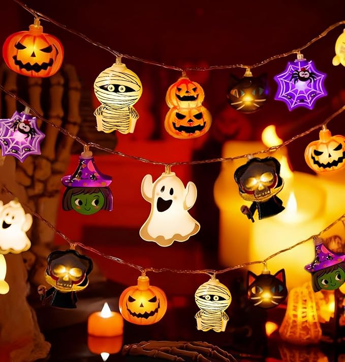 Halloween String Lights with Battery-Powered Decoration Featuring Mummies, Ghosts, Spiders,Witch, Skeletons, Witches, Black Cats-Cute Indoor Party Ornaments for Festive Decoration.（8 Elements）