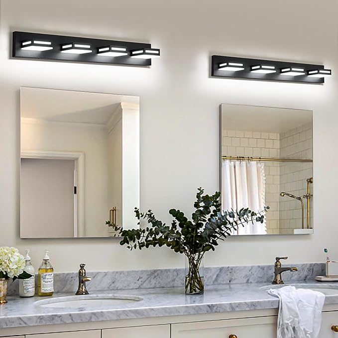 30-Inch 4-Light LED Modern Black Bathroom Vanity Light Fixtures Over Mirror, Bathroom Lighting Fixtures with Cool White 6000K, Vanity Wall Lights for Bath Restroom Powder Room