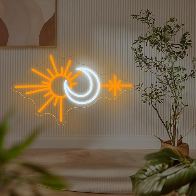 Sun and Moon Neon Sign, Boho Celestial LED Wall Light for Bedroom or Living Room, Spiritual Decor for Women and Teens, Nature-Inspired Neon Wall Art Gift