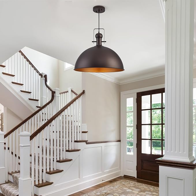 18 Inch Oil Rubbed Bronze Farmhouse Pendant Lights Large Pendant Lights for Kitchen Island Industrial Adjustable Height Vintage Big Dome Hanging Light Fixtures for Barn, Dining Room