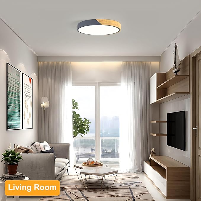 Vikaey Modern LED Ceiling Light, Minimalist Wood Flush Mount Ceiling Light Fixture, 4000K Not Dimmable, Circle Lighting Lamp with Acrylic Lampshade for Bedroom Dining Room Laundry (Grey, 15.8'')