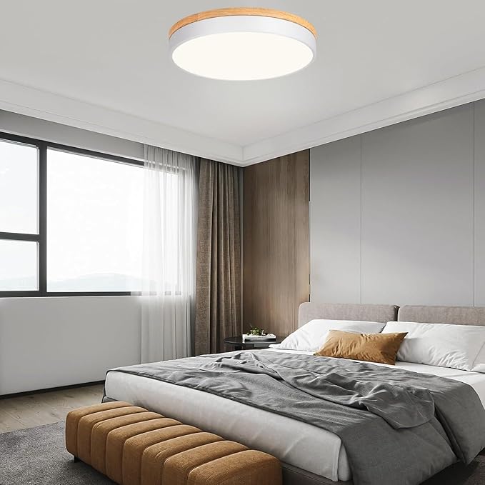 Dimmable Modern Wood Ceiling Light, White LED 5CCT 2700K-6000K Flush Mount Ceiling Lighting Fixture, Round Light Fixtures for Kitchen Living Room Dining Room Bedroom-15.8in