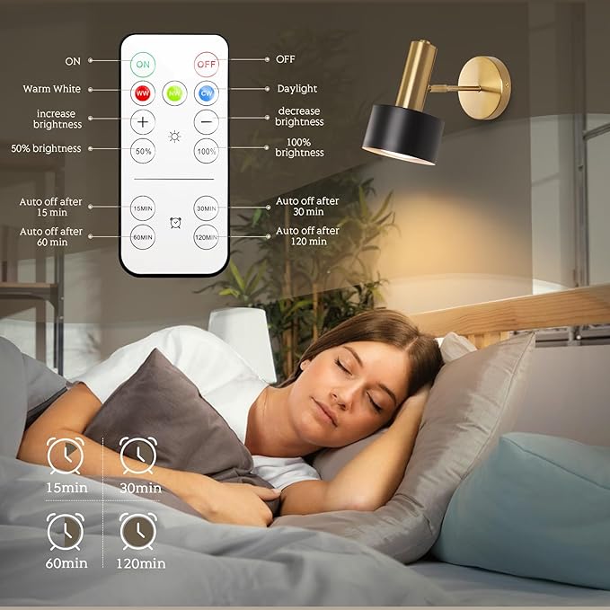 Battery Operated Wall Sconces Set of 2, Modern Wireless Black Wall Lights Fixtures,Cordless Wall lamp with Memory Function, with Remote Control Apply to Bedroom, Living Room, Corridor Stairs