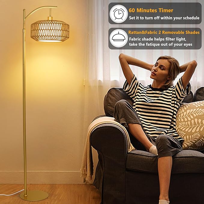 Arc Gold Floor Lamp with Remote and LED Bulb, Dimmable Floor Lamps for Living Room with Rattan and Fabric Shades, Boho Tall Lamp with 3 Color Temperatures, Corner Standing Lamps for Bedroom