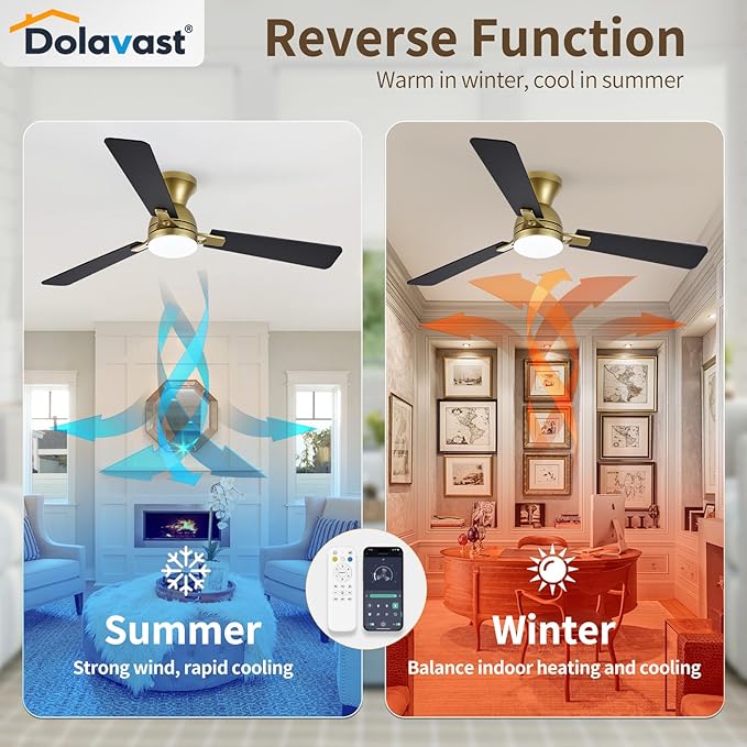 Ceiling Fans with Lights and Remote, 52 Inch Ceiling Fan with Light, Low Profile Reversible Ceiling Fans, Dimmable LED, Flush Mount, Quiet, DC Motor, Gold Ceiling Fan for Bedroom, Kitchen