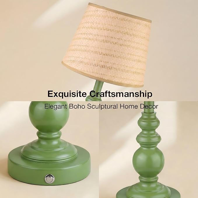 Cordless Boho Sculptural Table lamp Green, 5200-mAh Rechargeable Battery Touch Lamp, 3-Way Dimmable, Build-in LED 320 Lumens Max, Resin Home Decor, for Bedroom Living Room Dining Room