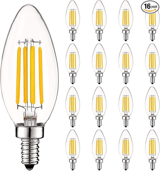 LUXRITE Vintage Candelabra LED Bulb 60W Equivalent, 550 Lumens, 3500K Natural White, Chandelier Light Bulbs 5W, Dimmable, Clear Glass, Filament Candle Bulbs, UL Listed, E12 Base (16 Pack)