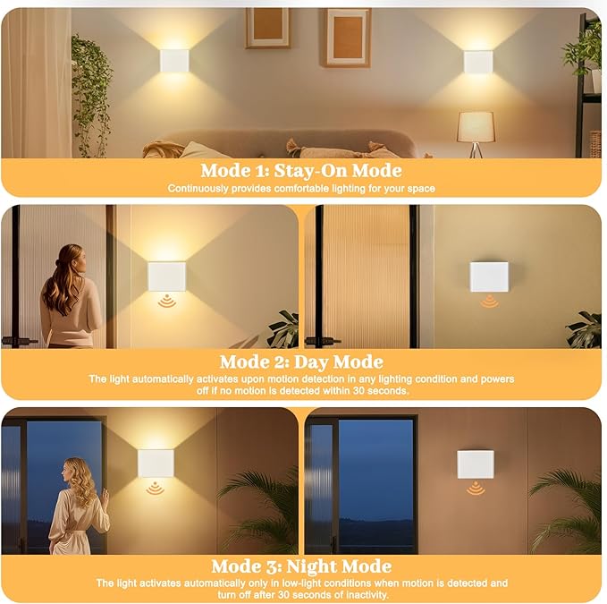 Motion Sensor Wall Light Indoor Set of 2, 6000mAh Wireless Rechargeable Battery Operated LED Wall Sconce Up & Down with Touch & Remote Control, Battery Powered Magnetic Wall Lamps with 3CCT, White