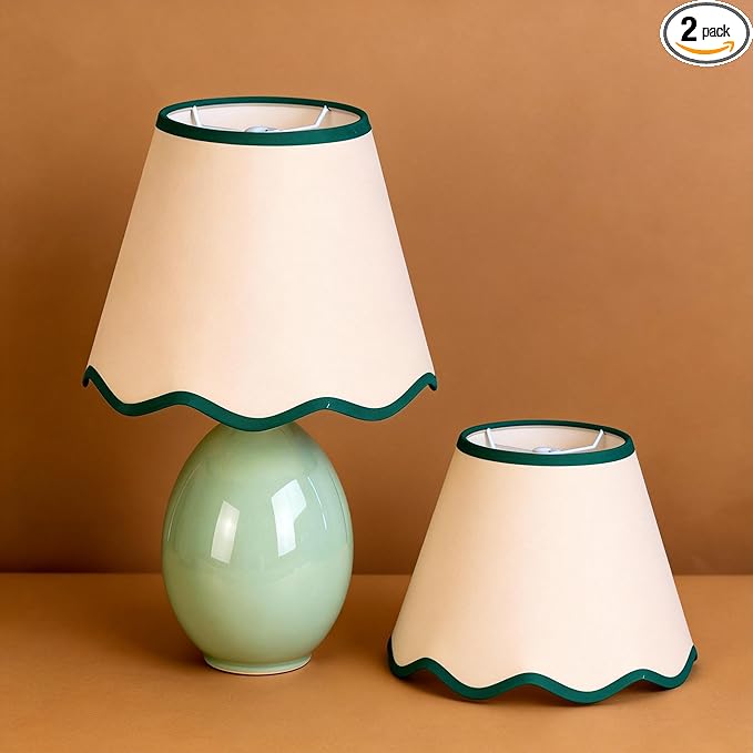 Scalloped Lamp Shades Set of 2, 5" Top x 9" Bottom x 7" Slant Chandelier Shades Green Scallop Lampshades for Vintage Farmhouse Table Bedroom Home Decor