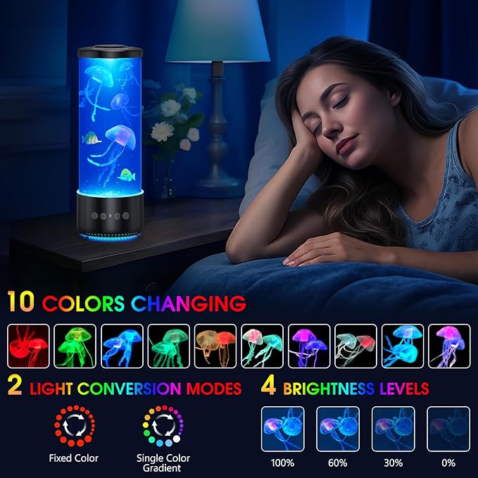 Jellyfish Lamp Bluetooth Speaker,12 White Noise Jelly Fish Table Night Light, 10 Color Changing 2 Lighting Modes,Mood Lamp for Home Office Sleep Relaxation, Gifts for Kids Children Adults,Home Decor