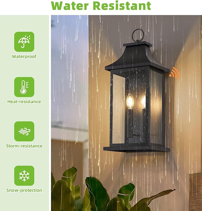 tewei 22'' Dusk to Dawn Outdoor Wall Light, Porch Light Outdoor Wall Sconce Lantern, 2-Light Black Exterior Lighting Fixture Wall Mount, Outside Light for House Garage, 1-Pack