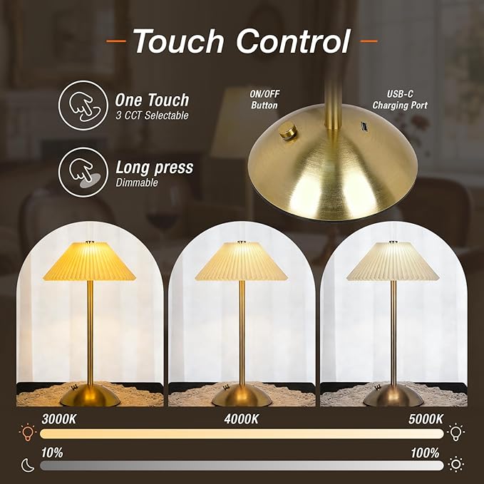 LEDVANCE Sylvania Cordless Lamp, LED Rechargeable Table Lamp with Battery Operated, USB-C, 3 Color Temperatures (3000/4000/5000K), Dimmable, Bedroom, Night Light, Coffee Shop, Brass - 1 Pack (66874)