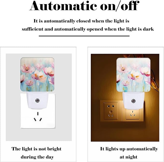 Oil Pink Flowers Night Light,Plug-in Night Lights with Dusk to Dawn Sensor for Stairway,Hallway,Bedroom Sleep Friendly Ideal for Women/Girls/Boys Gift,0.5w