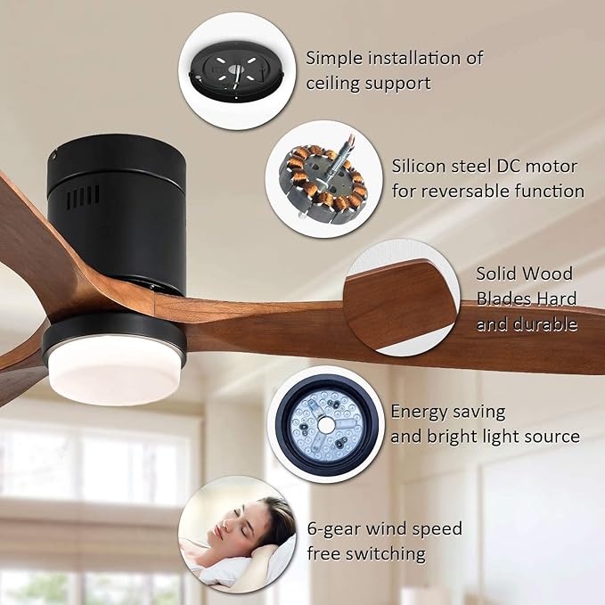 52 Inch Low Profile Ceiling Fans with Lights and Remote, 6-Speed Dimmable Outdoor Ceiling Fan with Light 3 Walnut Blades Wood Ceiling Fan with Timer, Reversible DC Motor for Patio Bedroom Farmhouse