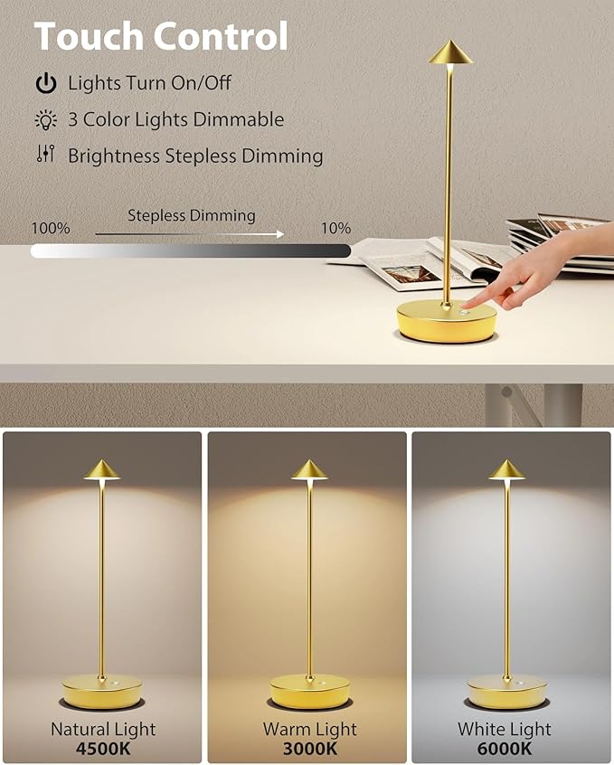 Cordless Table Lamps Rechargeable, 6000mAh Battery Operated LED Desk Lamp Outdoor Waterproof Portable Touch Dimmable Table Light for Patio Restaurant Dining Home Set of 2 Brass