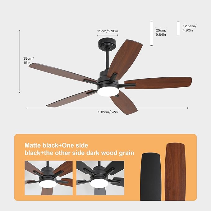 52" Remote Control Ceiling Fan with Light – 6-Speed Quiet DC Motor, Dimmable 3-Color LED, Flush Mount for Bedroom, Living Room, Dining Room,BLACK