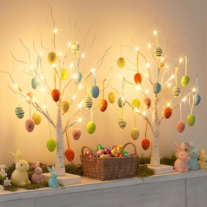 EAMBRITE Easter Decorations, Easter Egg Tree with 36 pcs Eggs Ornaments, Lighted White Birch Tree with Timer Battery Powered, for Home Tabletop Centerpiece Spring Indoor Decorations (2 Pack 24 LED)