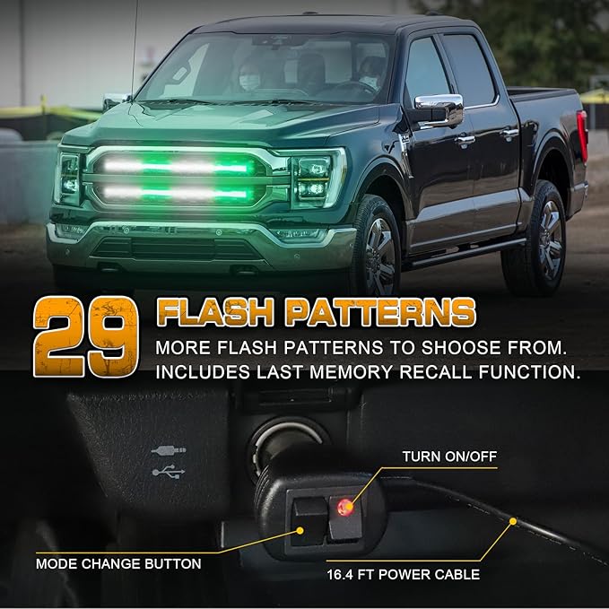 XRIDONSEN 2PCS 24 inch Truck Grill Emergency Lights Strip 288 LED Green White Grille Firefighter Lights Strobe Flashing Warning Safety Waterproof First Responder Lights for Vehicles Fire Trucks Pickup