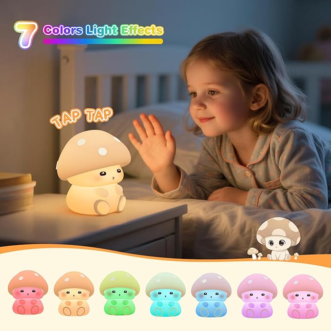 Mushroom Night Light, White Silicone Night Lamp, Touch Control with 30/60 min Dimmble, 3 Brightness Levels, 7 Color Changing, LED Night Lights, USB-C Rechargeable, Gifts for Girls Boys