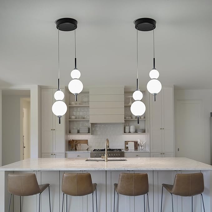 LED Modern Matte Black Pendant Light, 20W Dimmable Cluster Pendant Lights Kitchen Island with 4 Globes, Adjustable 2-Light Hanging Pendant Light Fixtures for Dining Room, Living Room,3000K-6000K