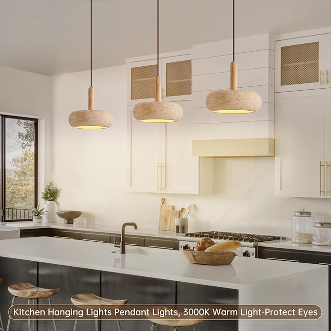 Wabi Sabi Pendant Light Natural Stone Shade, 7" Kitchen Island Hanging Lighting Fixture, Yellow Travertine Pendant Lights, 18W Coastal Wabi Sabi Marble Wood Chandelier for Dining Room Bedside Hallway