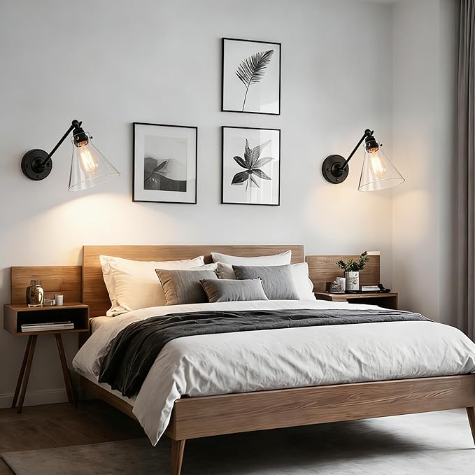 Industrial Vintage Slope Pole Wall Mount Single Sconce with Funnel Flared Clear Glass Shade, Swing Arm Wall Sconce Light Lamp Fixture Hardwired