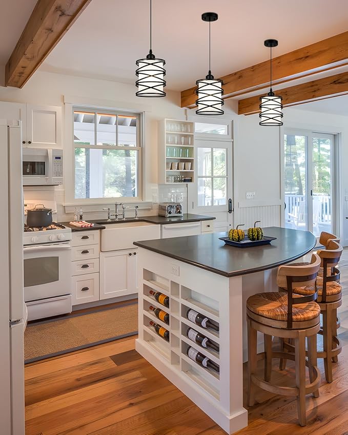 Black Pendant Lights for Kitchen Island, Industrial Pendant Light Fixture with Frosted Glass Shade, Farmhouse Adjustable Spiral Iron Pendant Lighting for Dining Room Foyer Hallway Kitchen